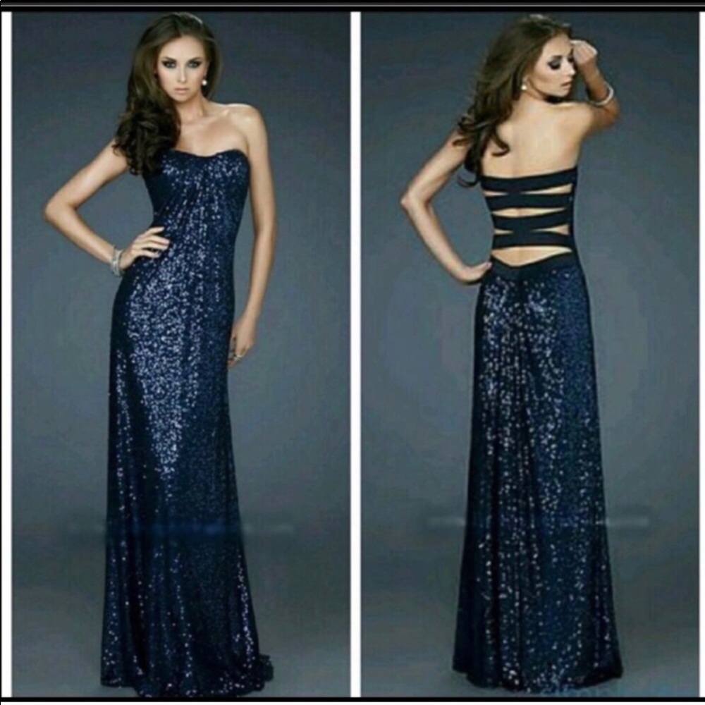 Blue sequined strapless ball gown